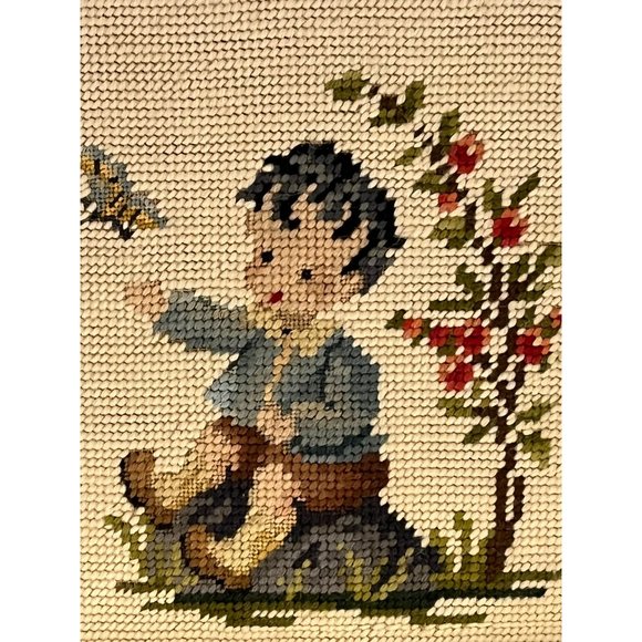 2 Vintage Needlepoint Boy Butterfly Girl Duck Gold Framed Wall Hangings 10" - Picture 4 of 7